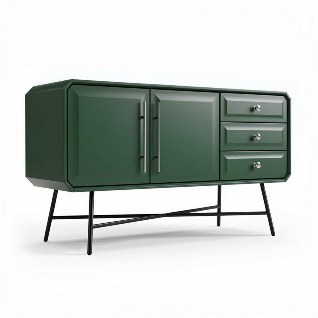 Modern green storage cabinet with black metal legs 150 x 45 x 75cm