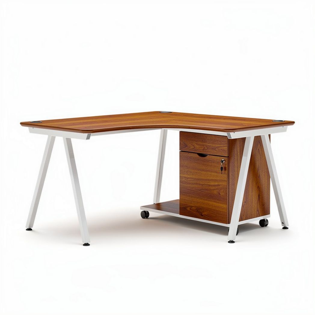 L-shaped wooden desk with storage cabinet and metal frame 150 x 75 x 75cm
