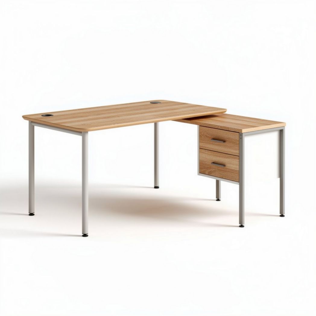 L-shaped wooden desk with metal legs and two storage drawers 150 x 70 x 75cm