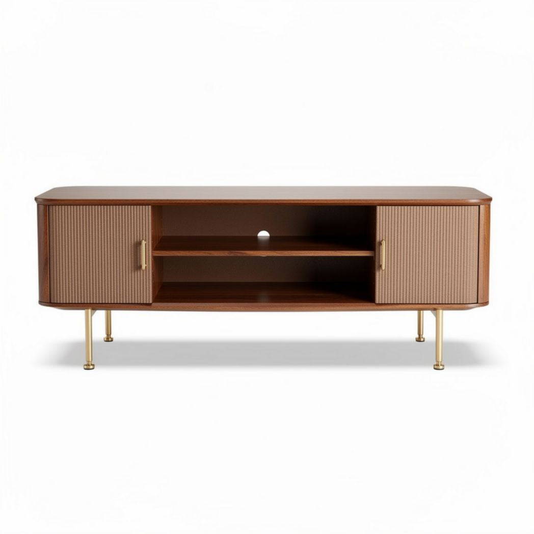 Mid-century modern wooden TV stand with storage and gold legs 150 x 40 x 50cm