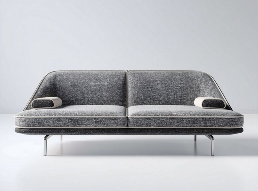 Modern two-seater sofa in grey fabric with chrome legs and armrests