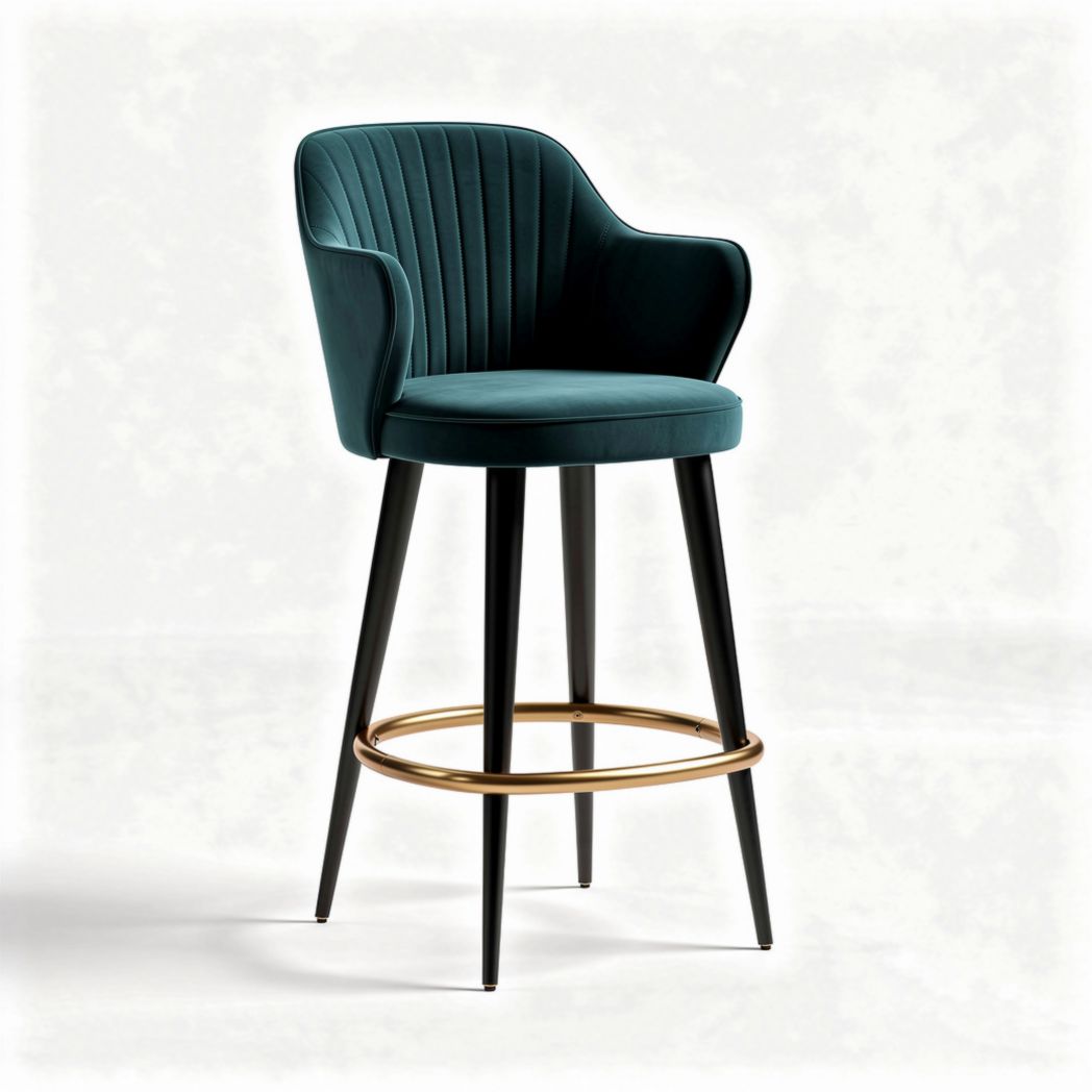 Velvet upholstered bar stool with gold ring accents and black legs 50 x 50 x 110cm