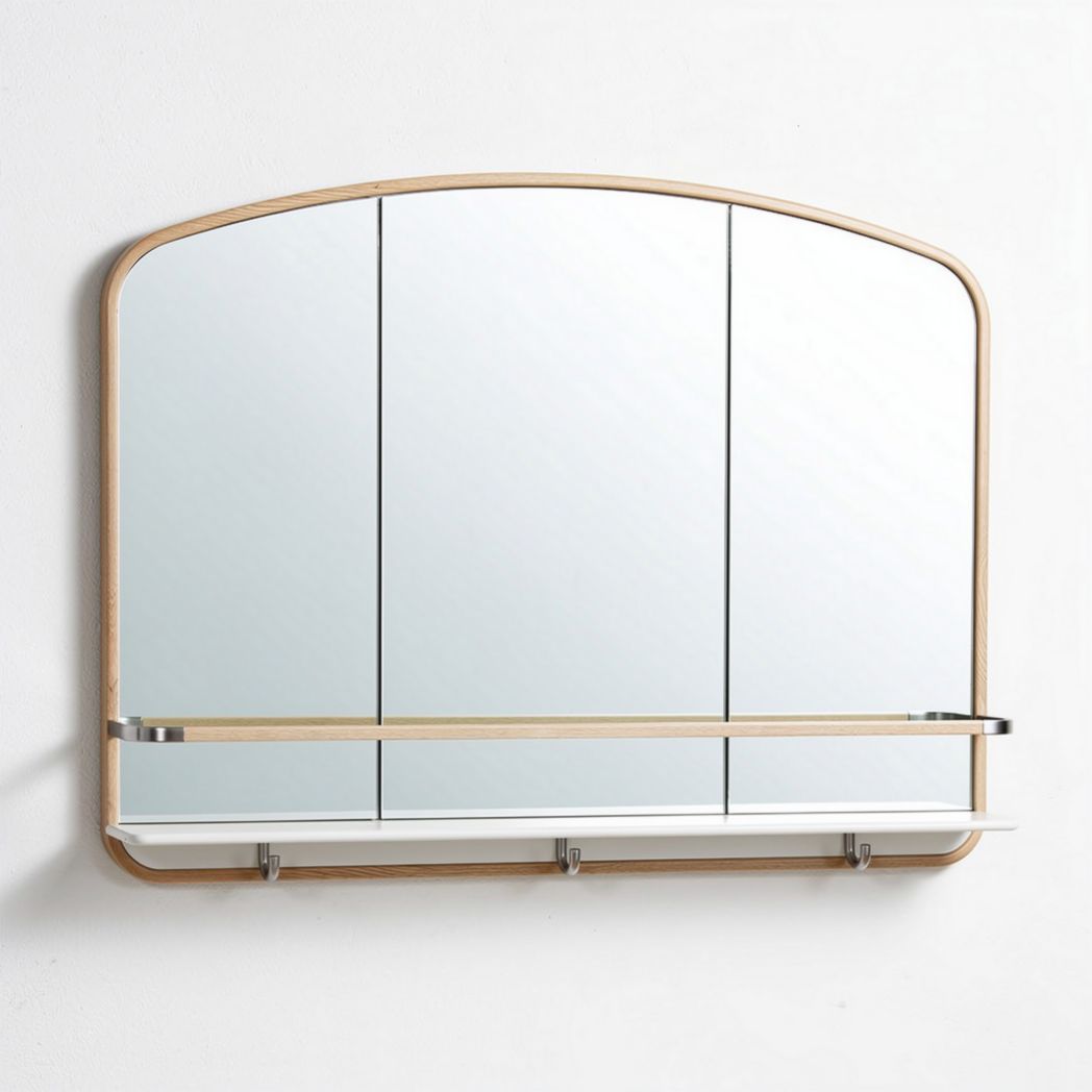 Three-panel wall-mounted mirror with bamboo frame and metal hooks 65 x 10 x 40cm