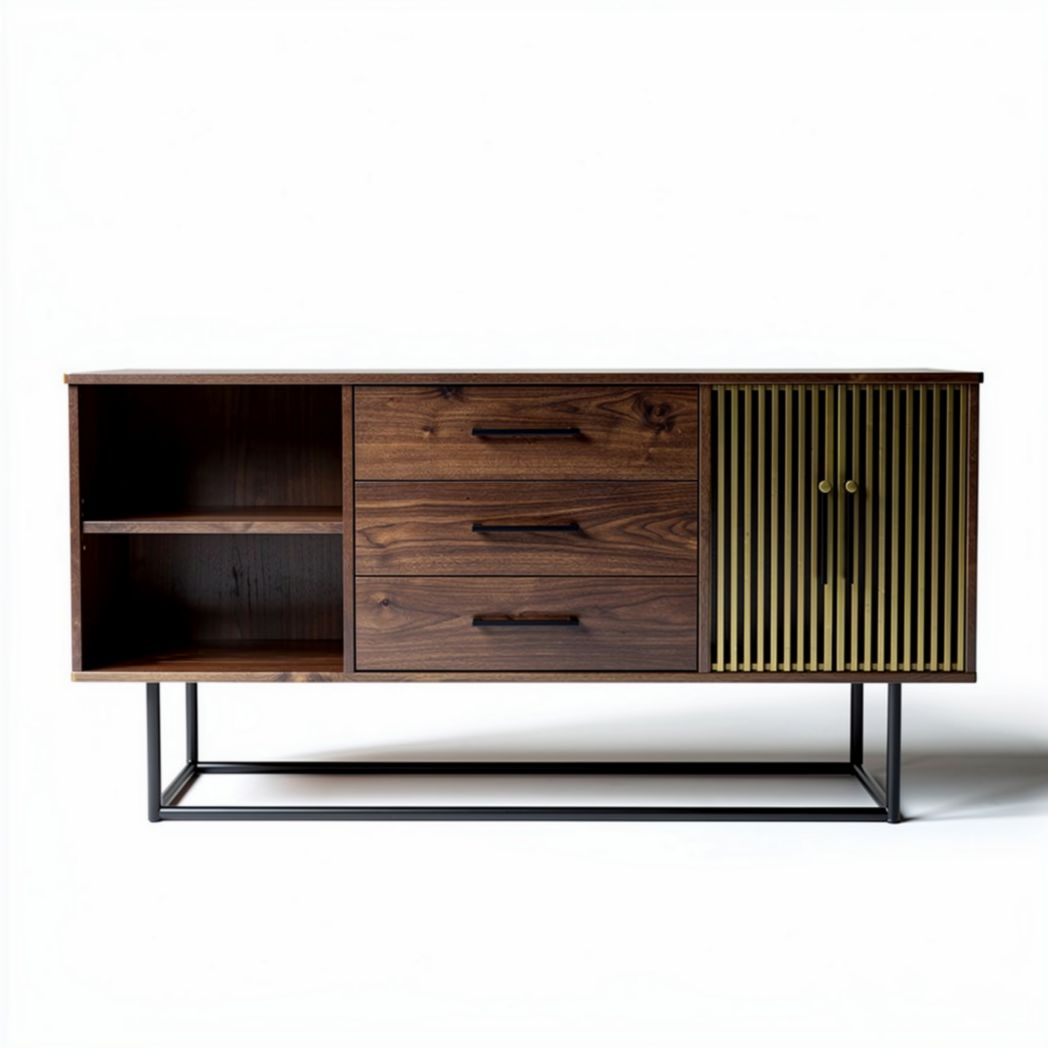 Wooden sideboard with metal accents and storage drawers 150 x 40 x 75cm