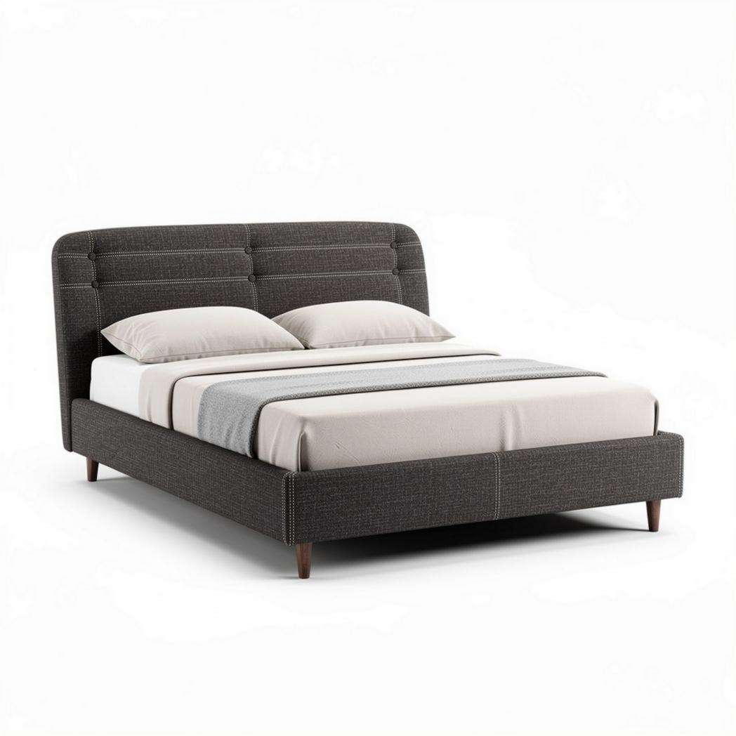 Upholstered bed frame with modern design and wooden legs in grey 200 x 160 x 100cm